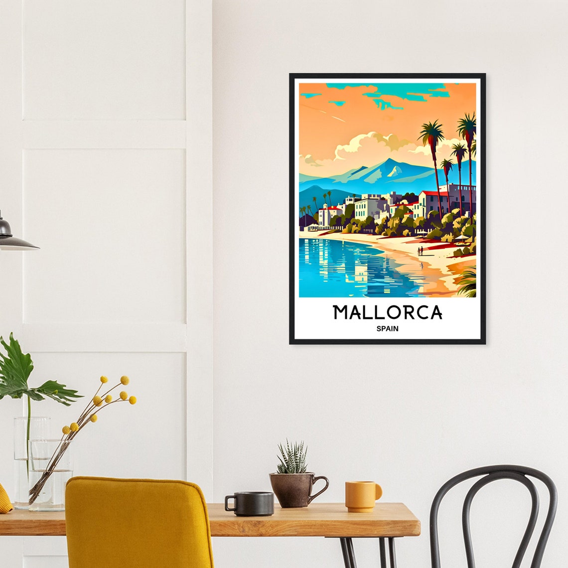 Mallorca Spain Beach with Palm Trees Mountain View Travel Poster - Image 2