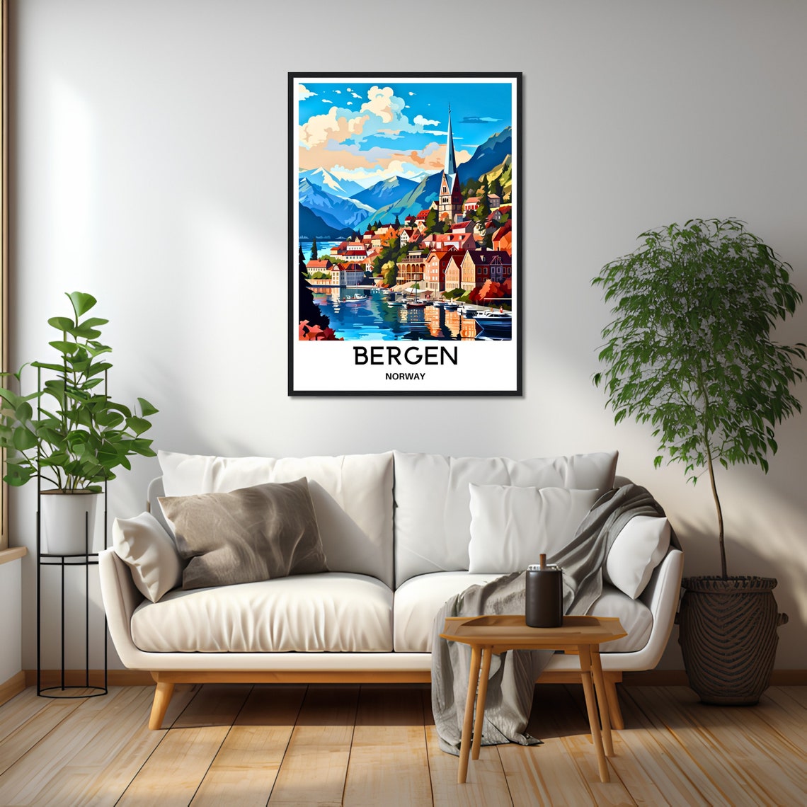 Bergen Norway Harbor Reflections and Mountains Travel Poster - Image 2