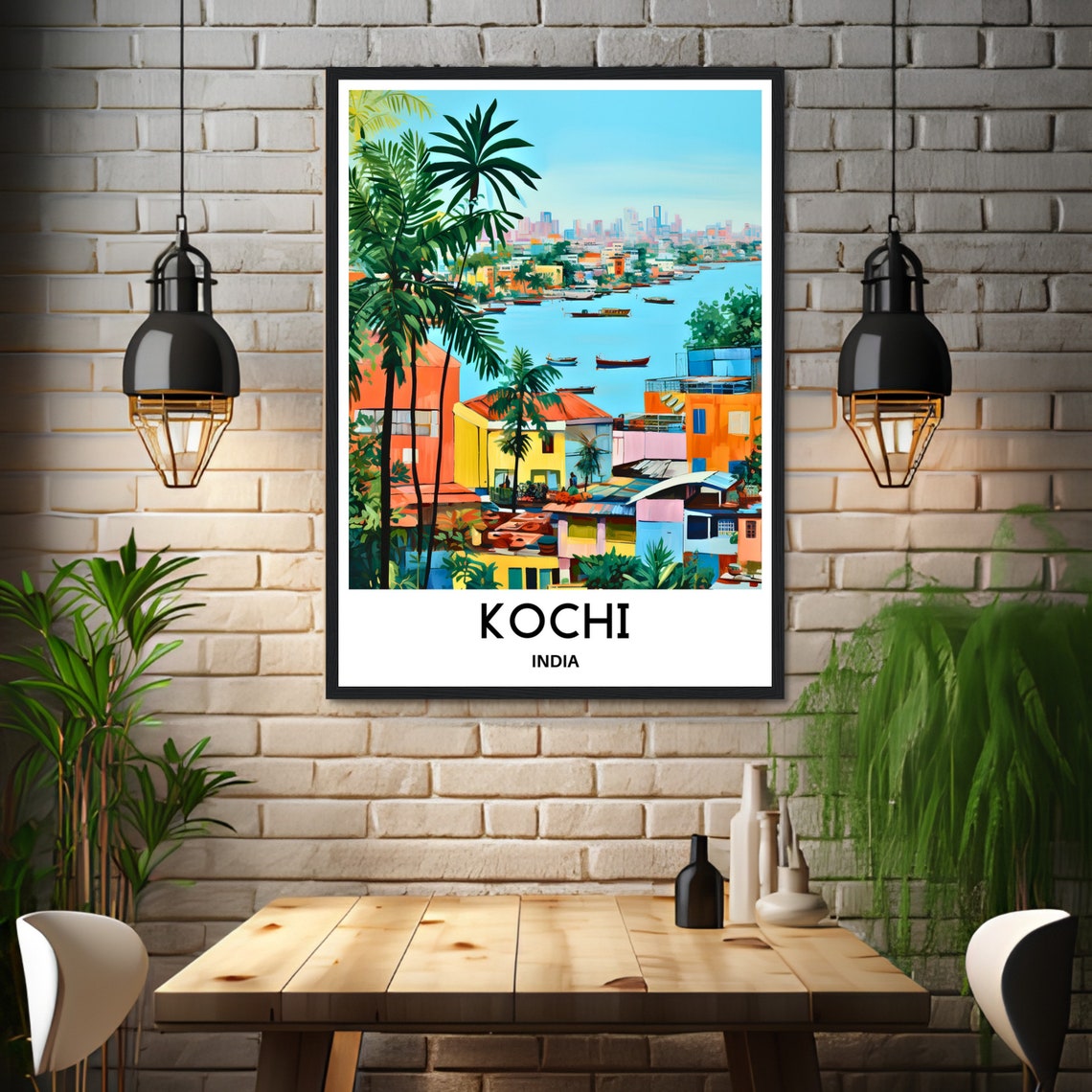 Kochi Waterfront Colorful Harbor and Palms Illustration Poster - Image 3