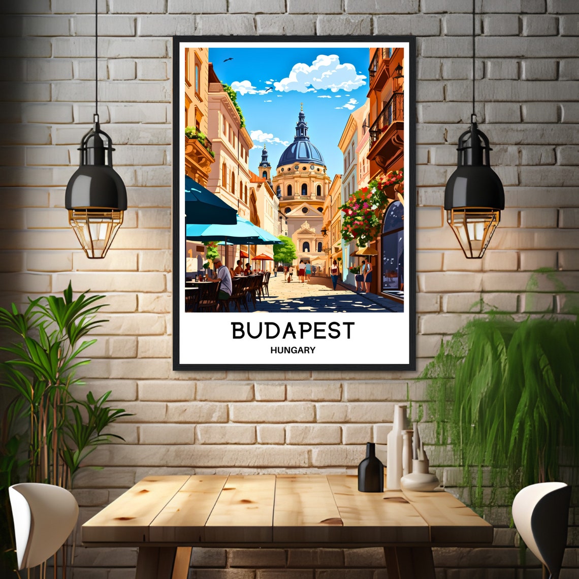 Budapest Hungary Domed Basilica Sunny Cafe Street Travel Poster - Image 3
