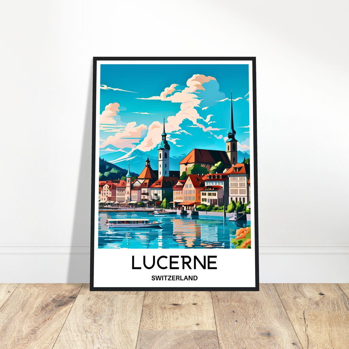 Lucerne Switzerland Travel Poster Lakeside Old Town Mountain View