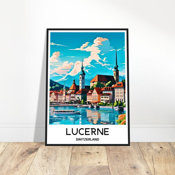 Lucerne Travel Print Poster Swiss Art Switzerland Lover Gift Wall Hanging Home Office Decor Illustration