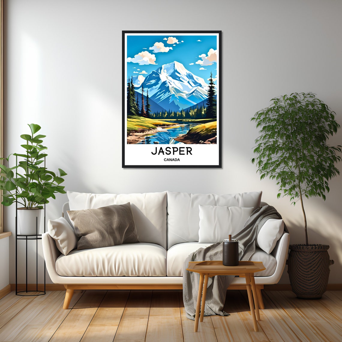 Jasper Canada Snow-Capped Mountain and Pine River Travel Poster - Image 2