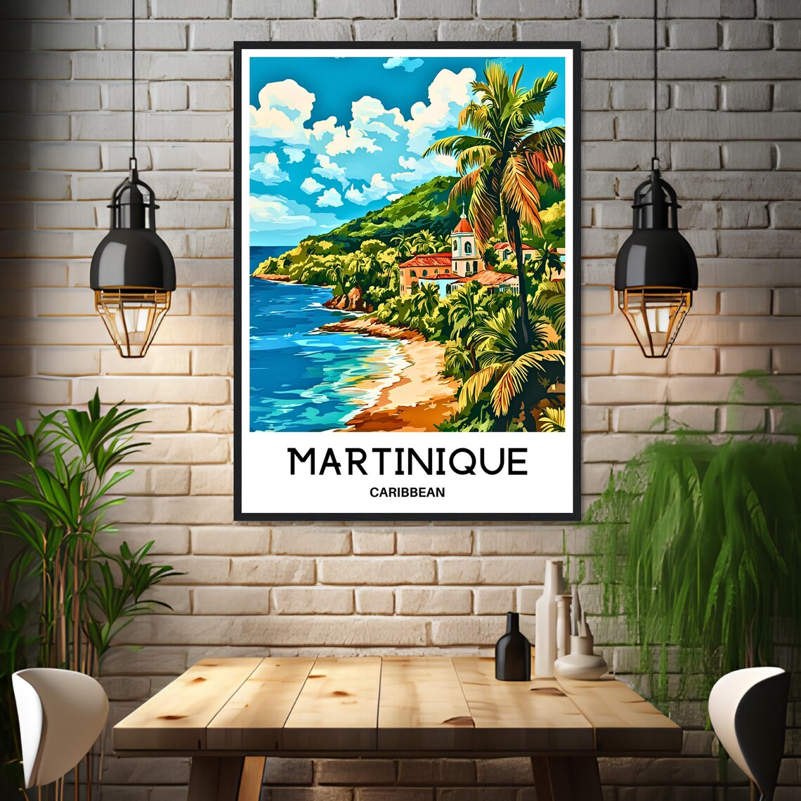 Martinique Caribbean Tropical Beach Palm Trees Seaside Church Travel Poster - Image 3