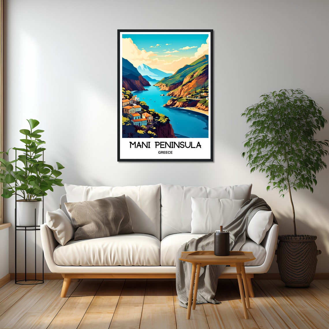 Mani Peninsula Greece Cliff Village Over a Blue Bay Travel Poster - Image 2