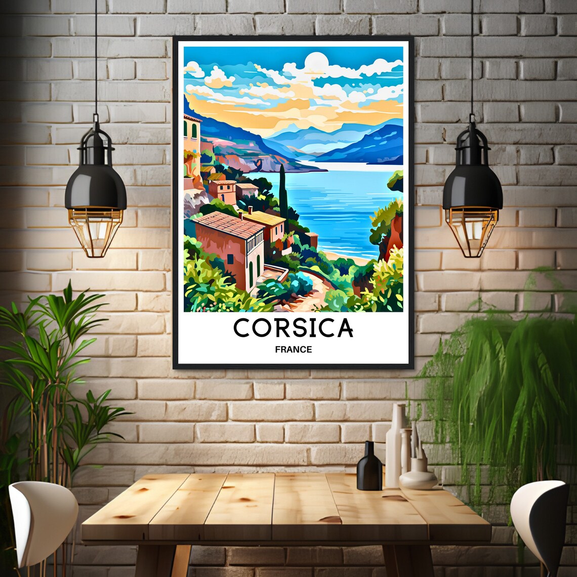 Corsica France Hillside Village Overlooking the Sea Travel Poster - Image 3