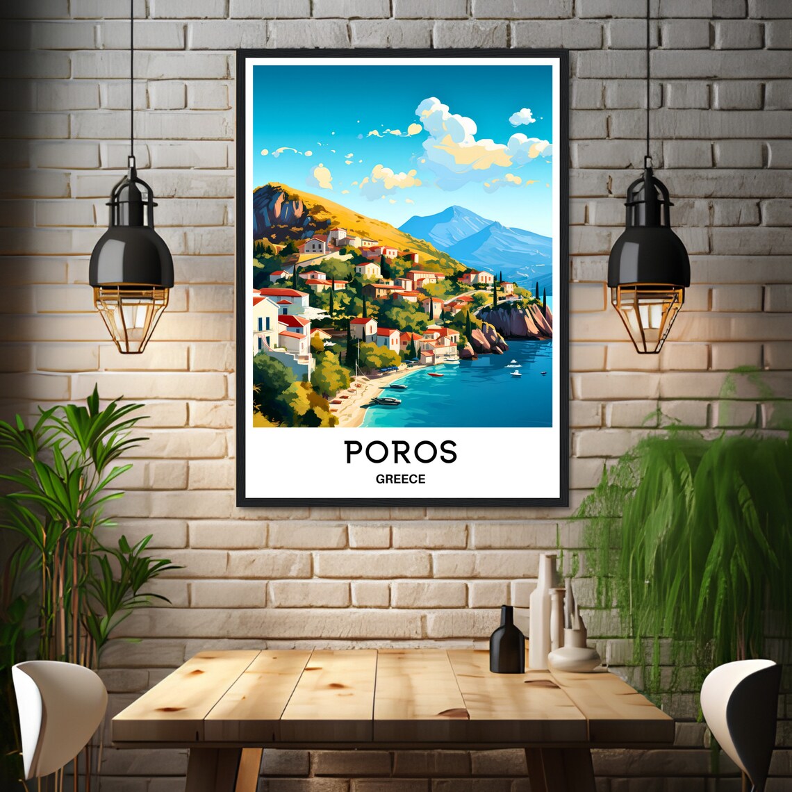Poros Greece Sunlit Island Village Hillside Harbor Travel Poster - Image 3