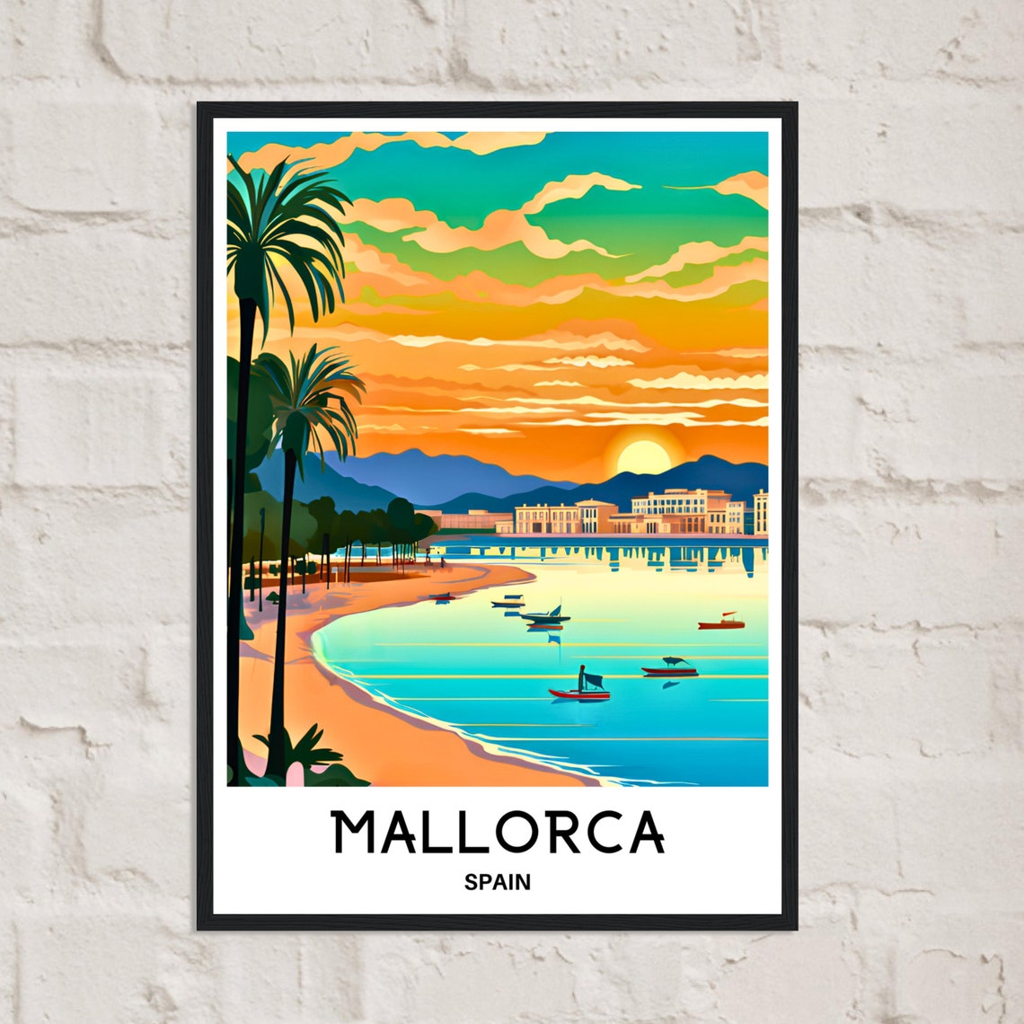 Mallorca Spain Travel Poster of a Sunset Bay with Boats and Palm Trees - Image 3