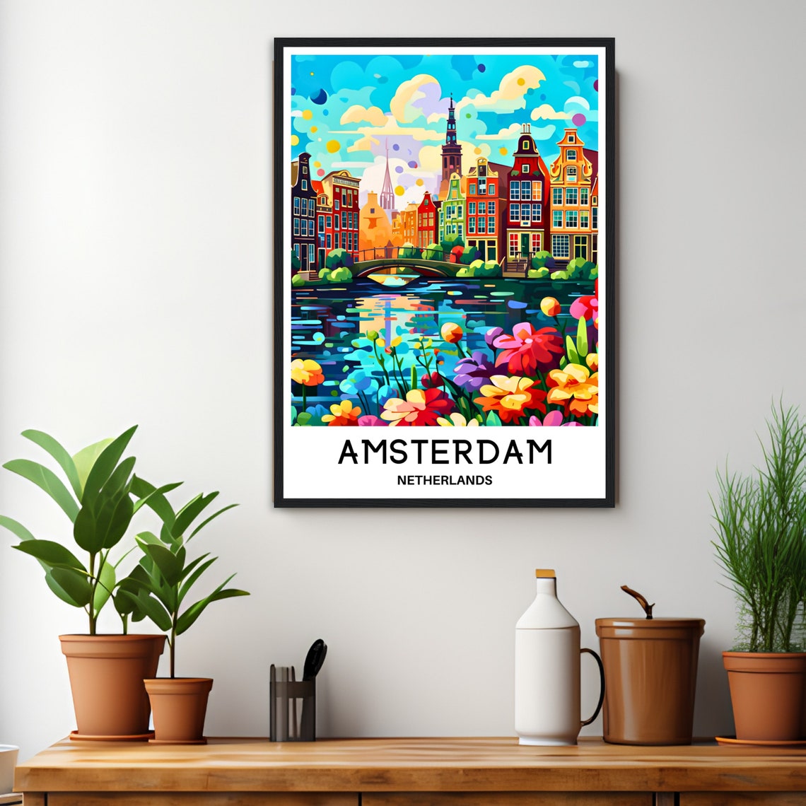 Amsterdam Netherlands Colorful Canal Houses Flowers Pop Art Poster - Image 3