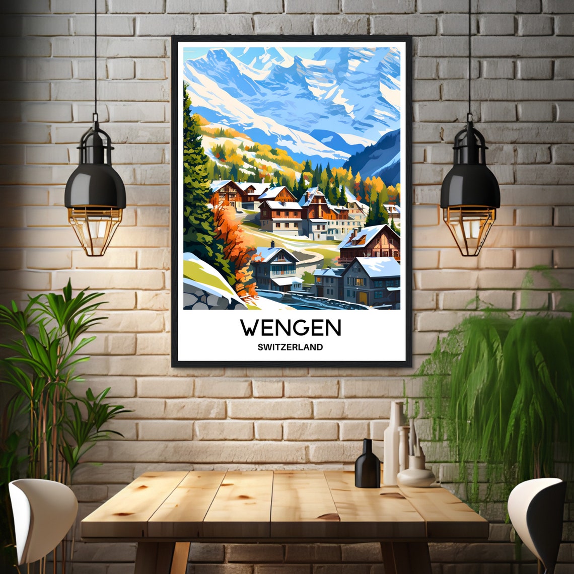 Wengen Switzerland Alpine Village Snow Peaks Retro Travel Poster - Image 3