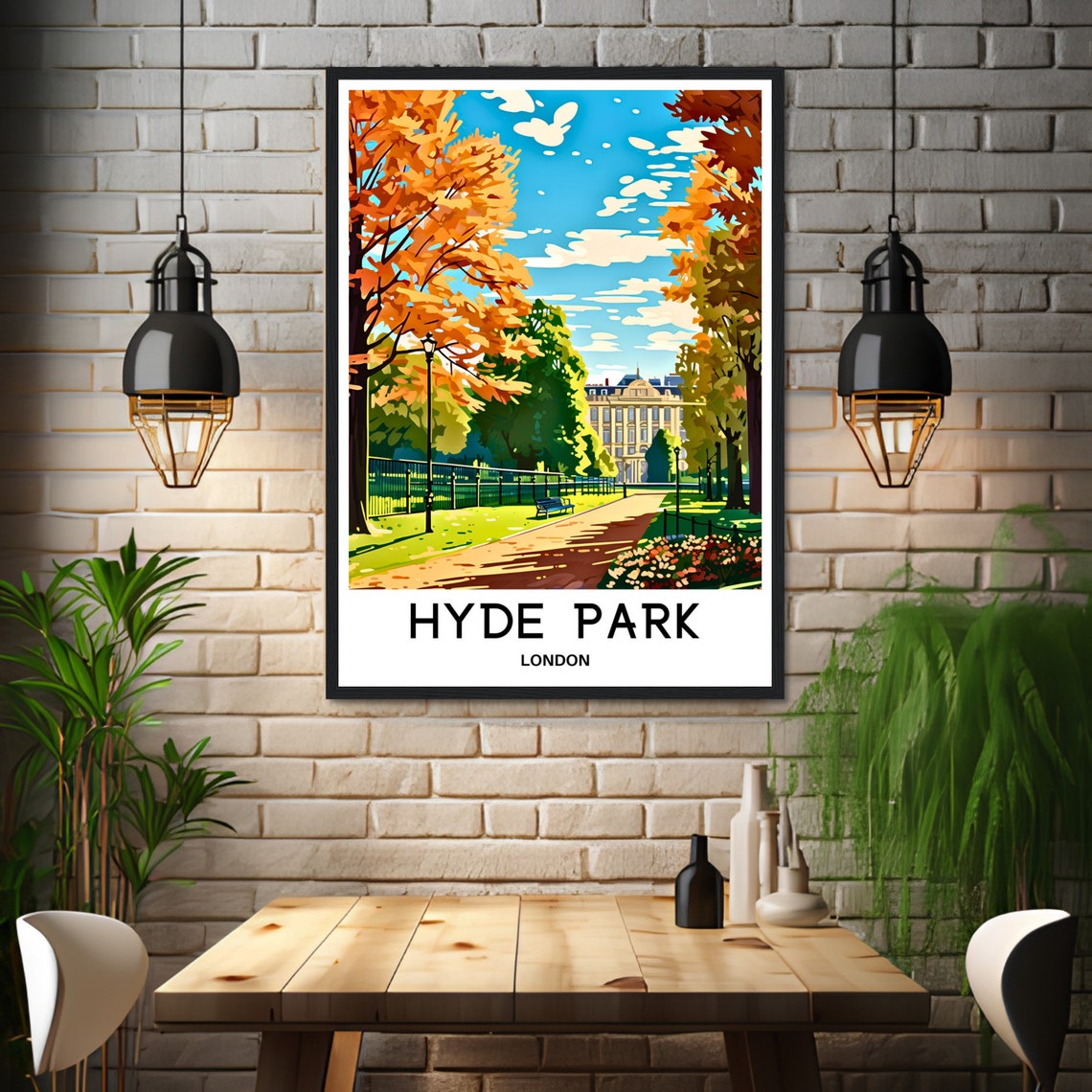Hyde Park London Autumn Path With Golden Trees and Bench Travel Poster - Image 3
