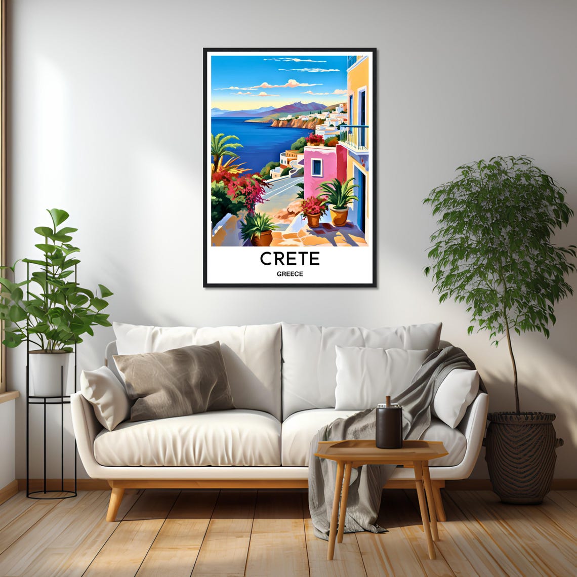 Crete Seaside Village Street with Bougainvillea Flowers Poster - Image 2