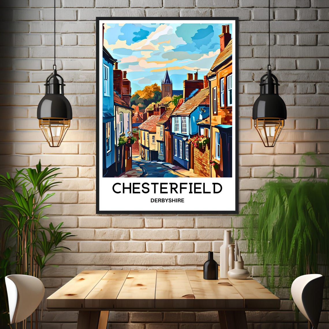Chesterfield Derbyshire English Old Town Street Scene Travel Poster - Image 3