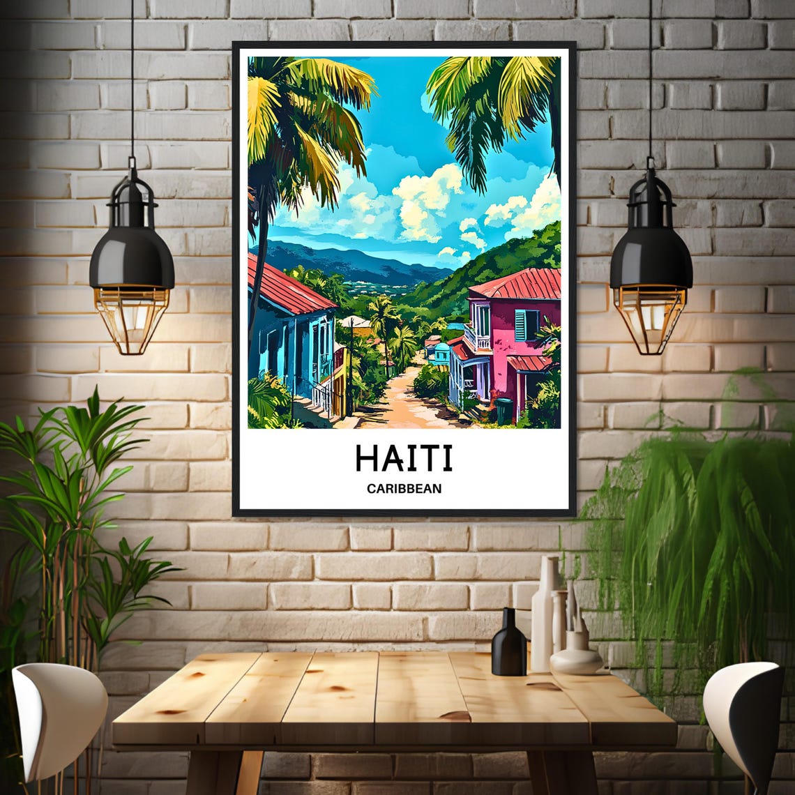 Haiti Caribbean Street Poster with Colorful Colonial Houses and Palms - Image 3