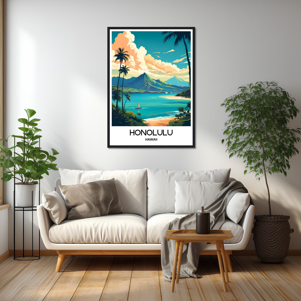 Honolulu Hawaii Diamond Head Palm Beach Sunset Travel Poster - Image 2