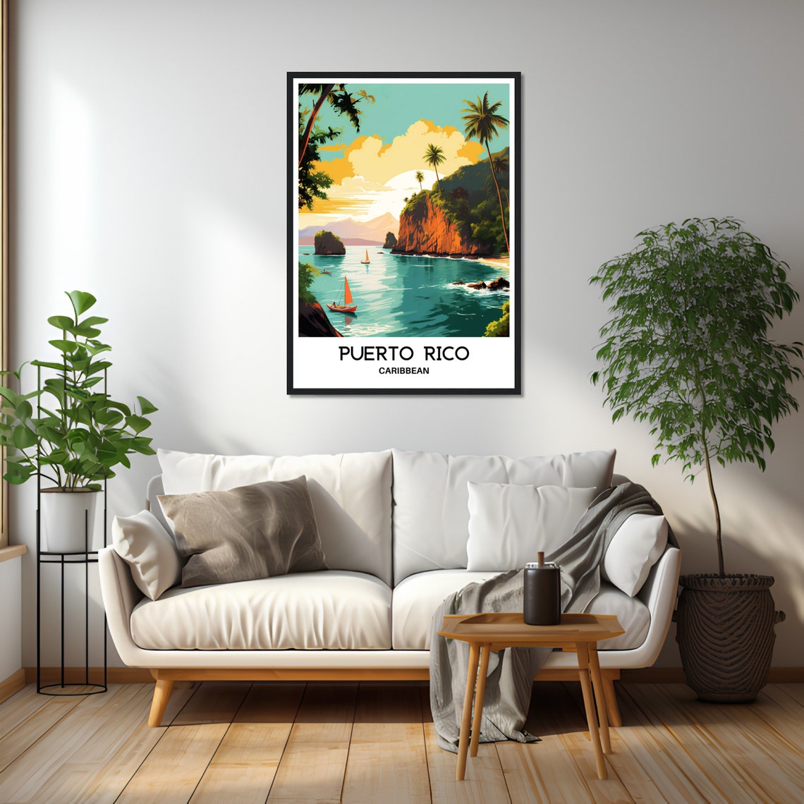 Puerto Rico Caribbean Sailboats Cliff Coastline Sunset Travel Poster - Image 2