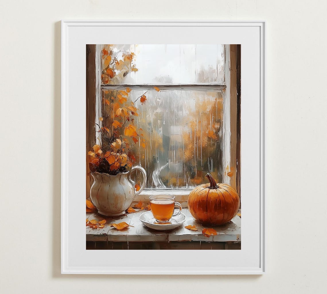 Rainy Autumn Window Teacup Pumpkin Cozy Fall Afternoon Sill Art Poster