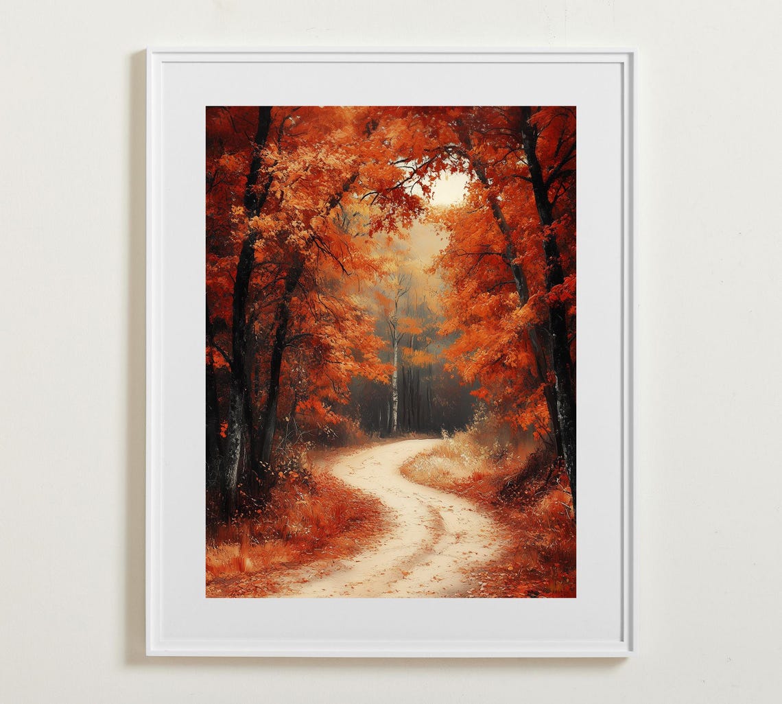 Autumn Forest Trail Winding Path Through Red Fall Foliage Poster