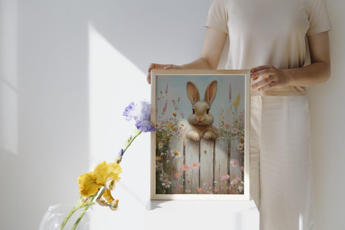 Cute Bunny Rabbit Peeking Over White Picket Fence Spring Poster - Image 2