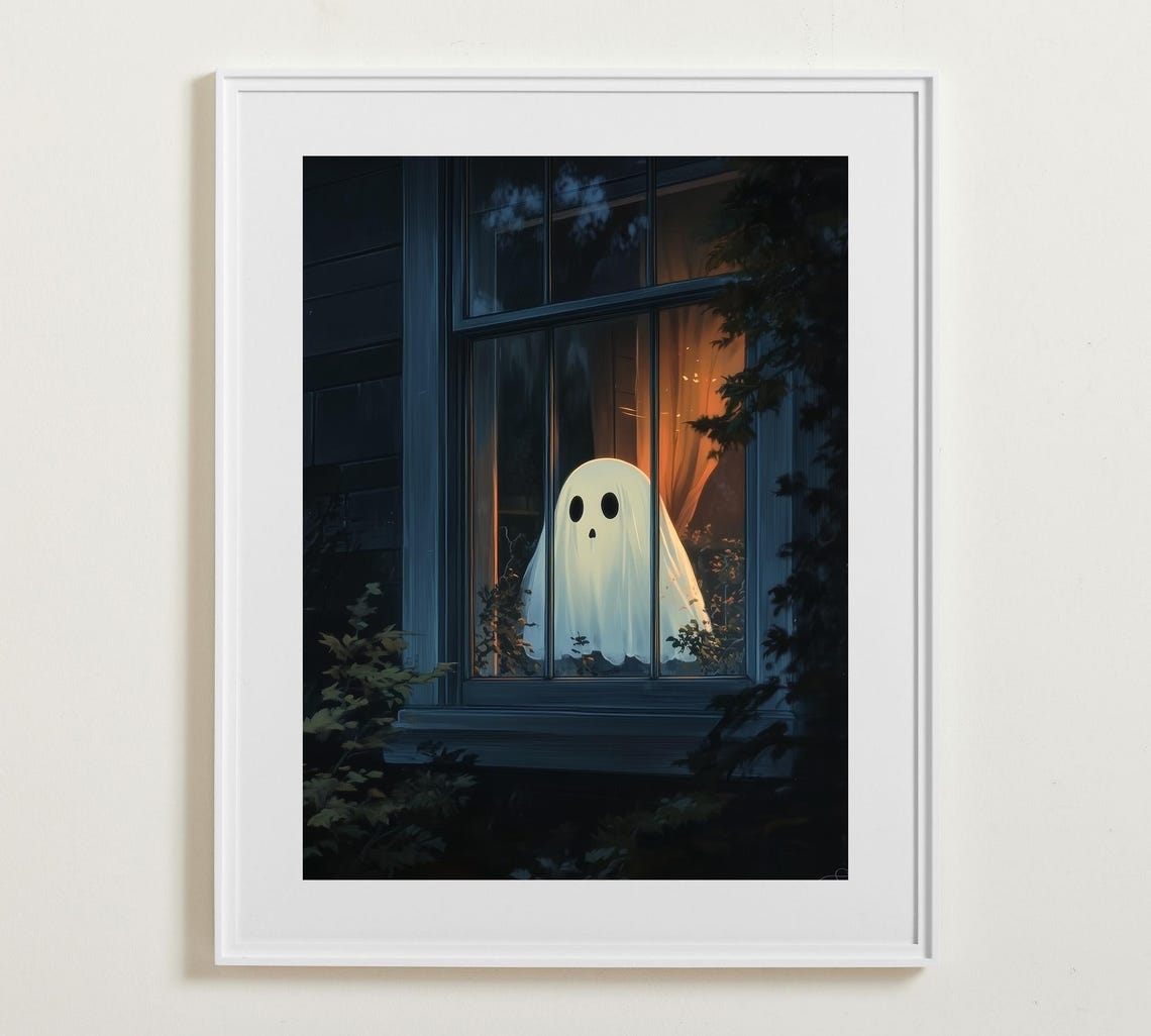 Cute White Ghost Peeking Through A Window At Night Halloween Poster