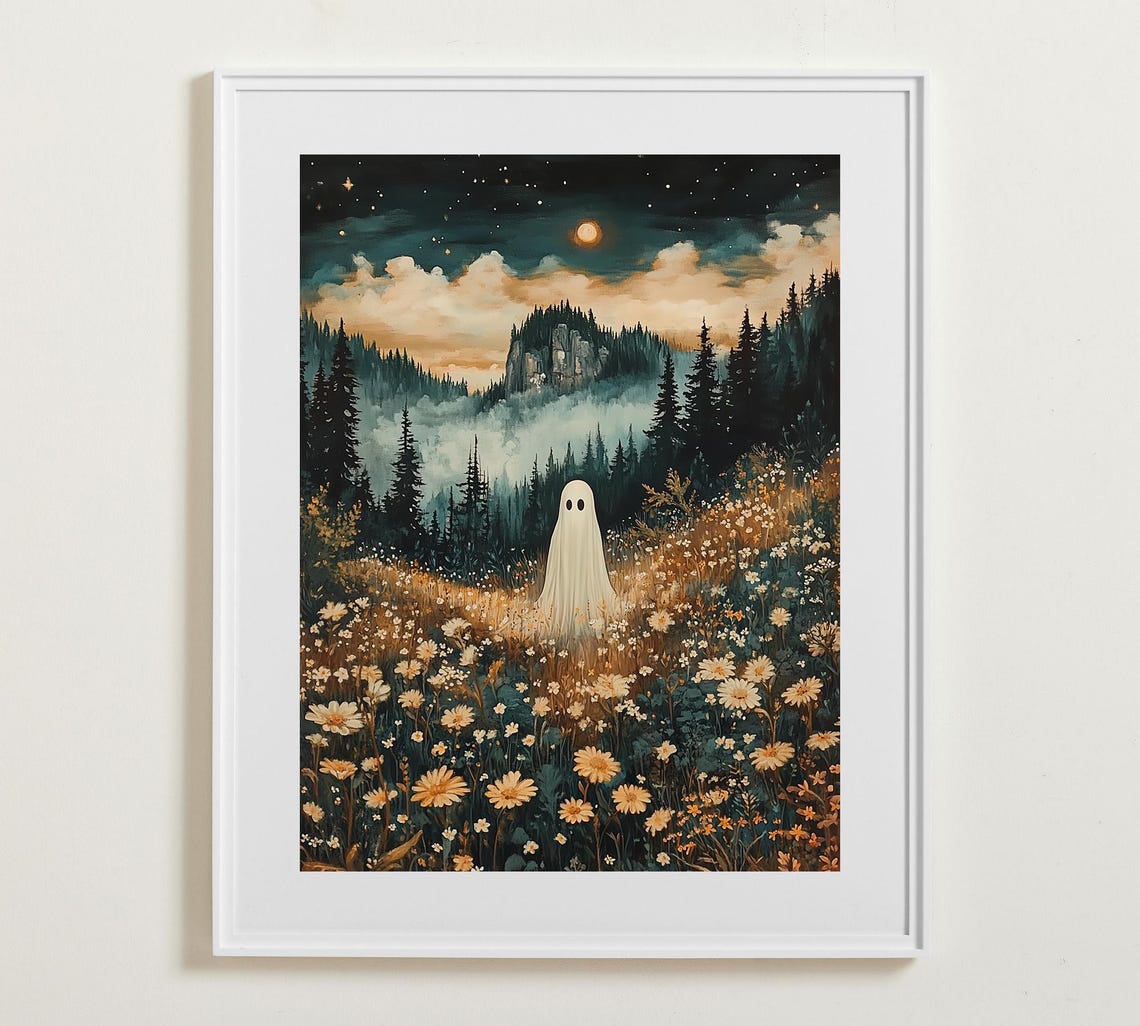 Cute Ghost In A Moonlit Wildflower Meadow Mountain Night Poster