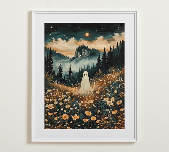 Cute Ghost In A Moonlit Wildflower Meadow Mountain Night Poster