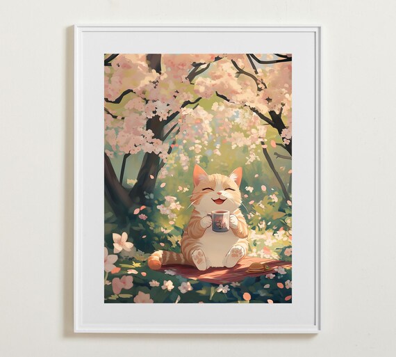 Orange Cat Drinking Tea Under Cherry Blossom Trees Art Poster