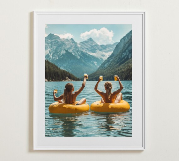 Friends Floaties Mountain Lake Summer Cheers Photo Vintage Travel Poster