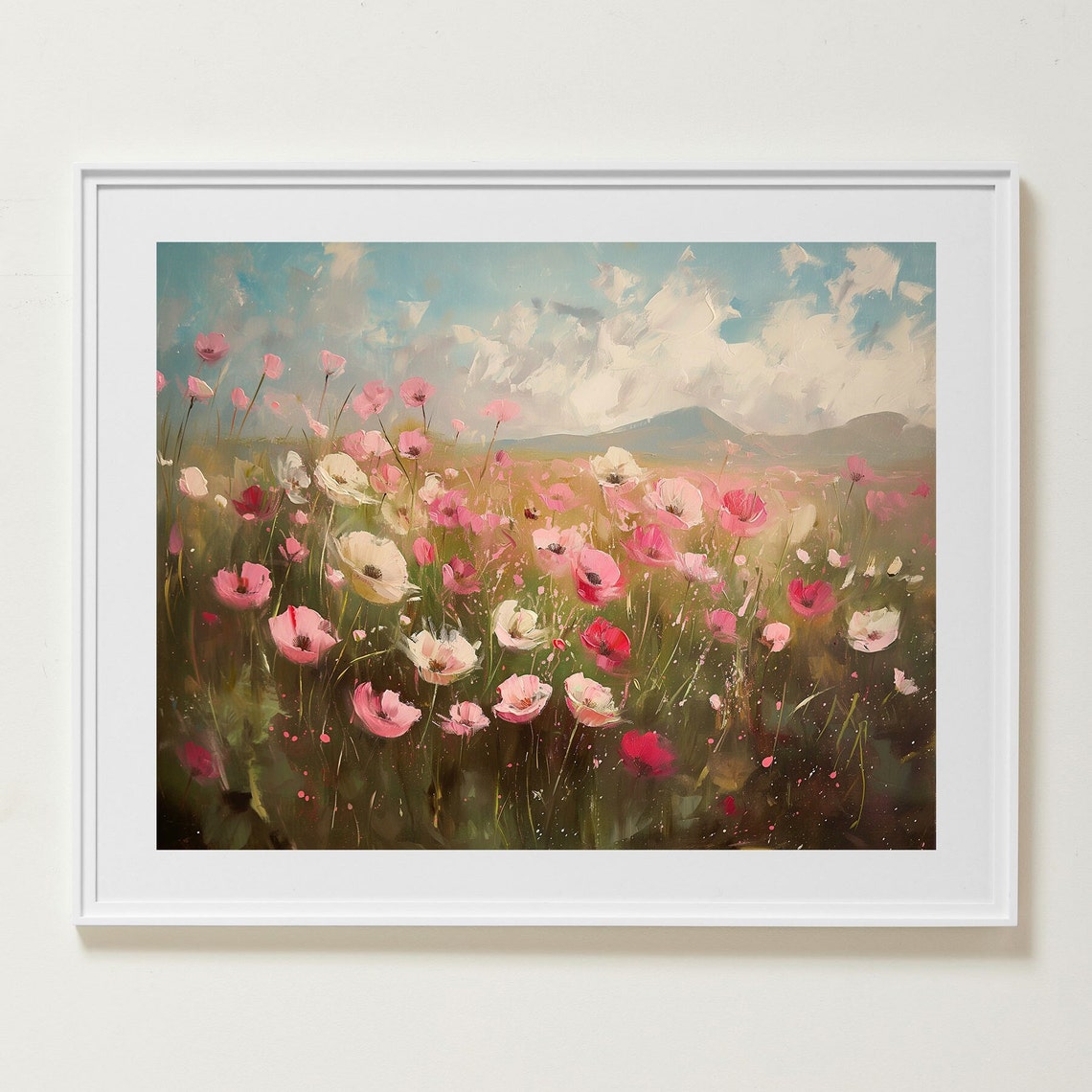 Pink Poppy Meadow in Bloom Under a Cloudy Sky Oil Painting Poster