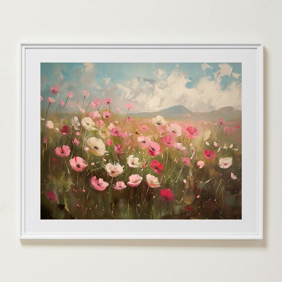 Pink Poppy Meadow in Bloom Under a Cloudy Sky Oil Painting Poster