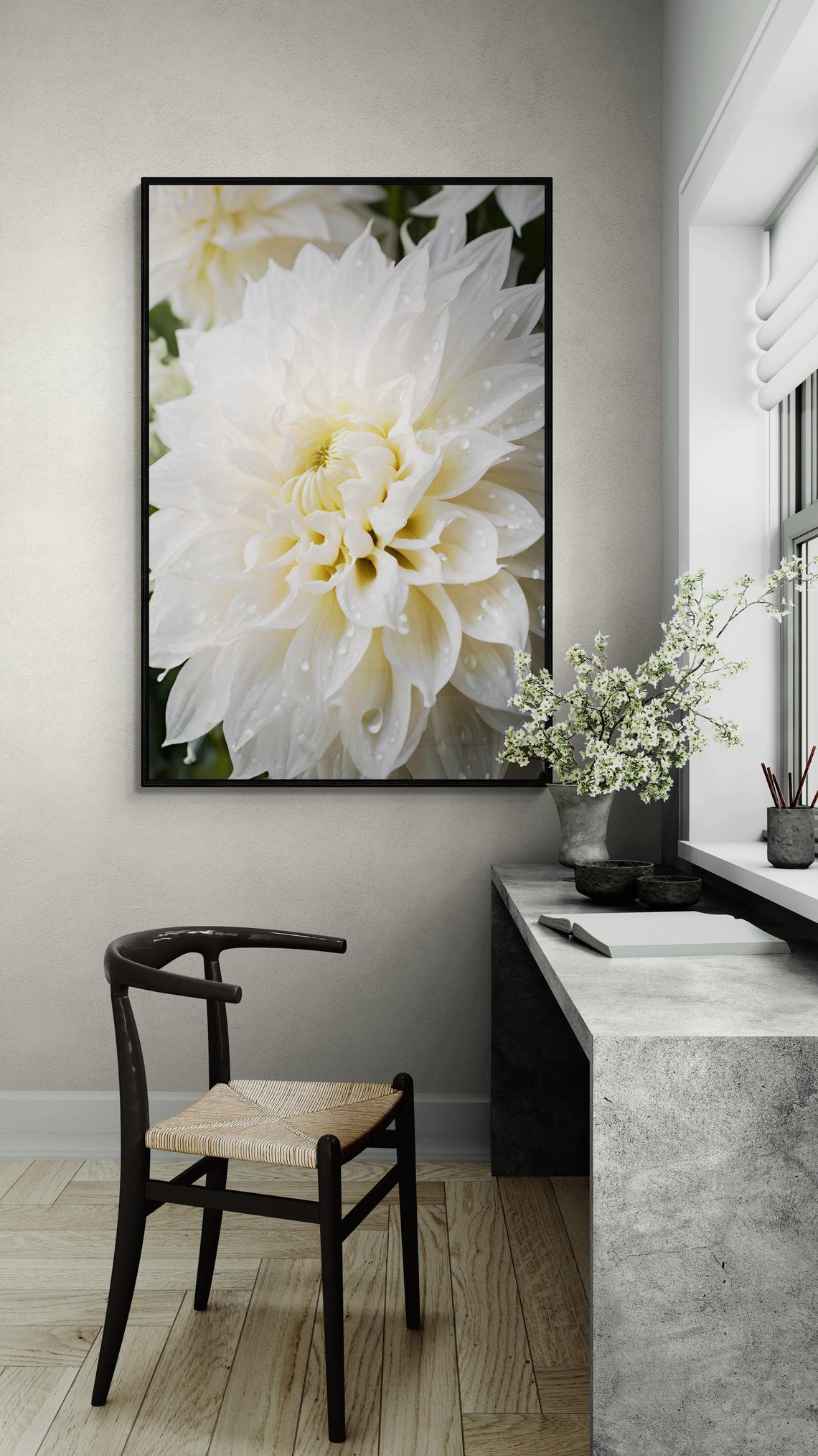 White Dahlia Flower Dew Drops Macro Botanical Photography Art Poster - Image 3