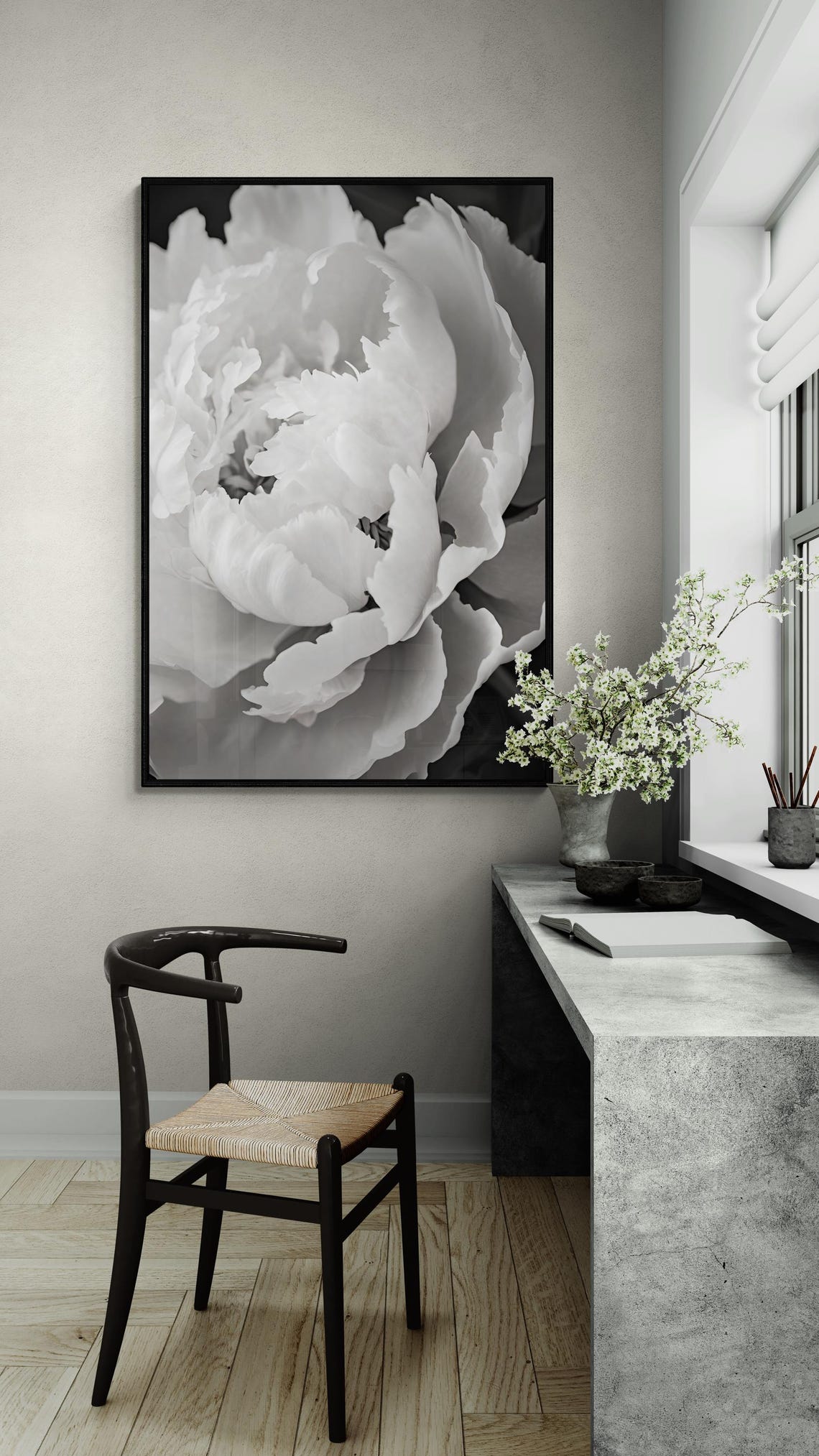 White Peony Blossom Macro Black And White Botanical Floral Art Poster - Image 4