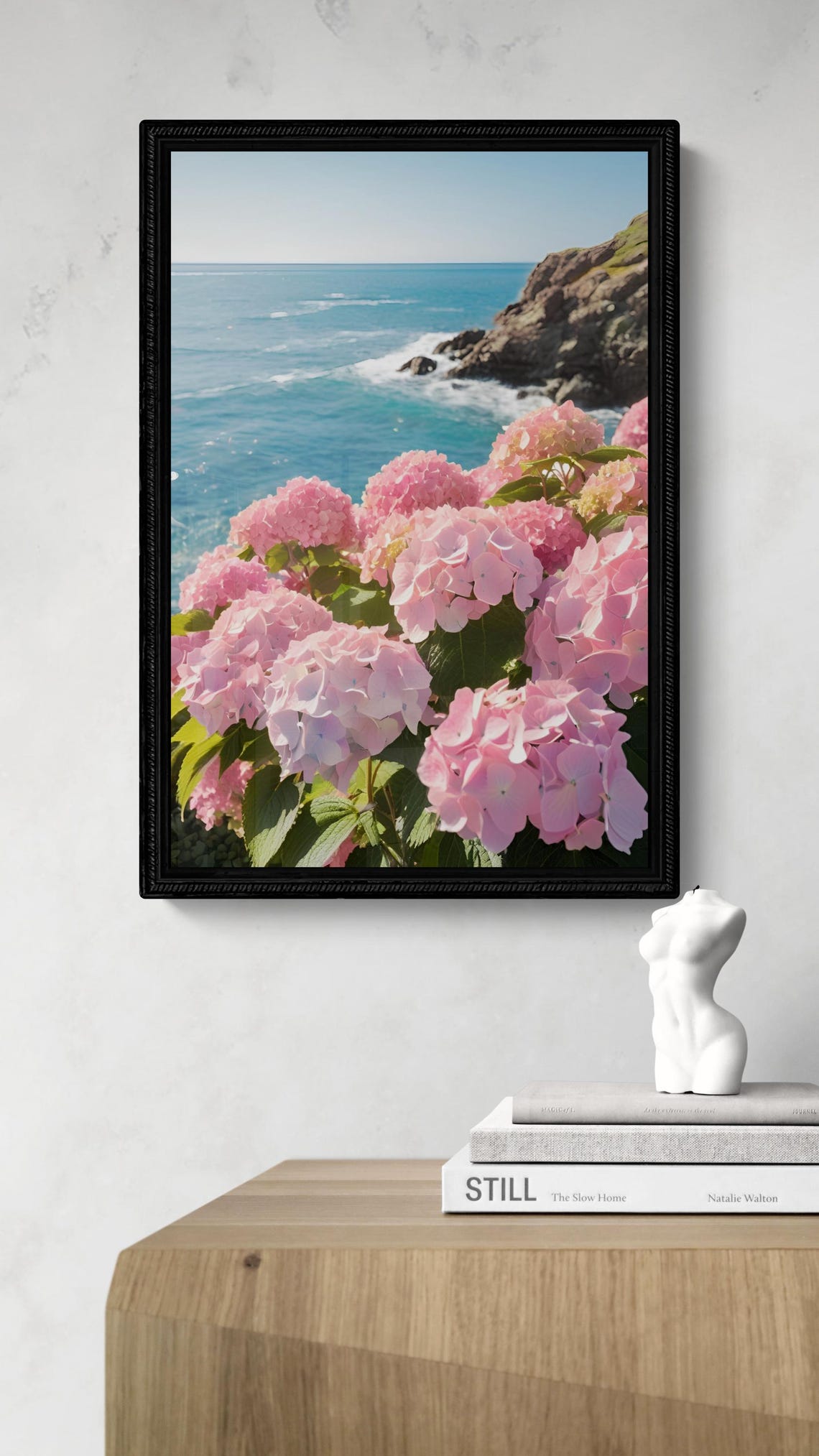 Pink Hydrangea Blooms Coastal Cliff Ocean View Seaside Travel Poster - Image 3