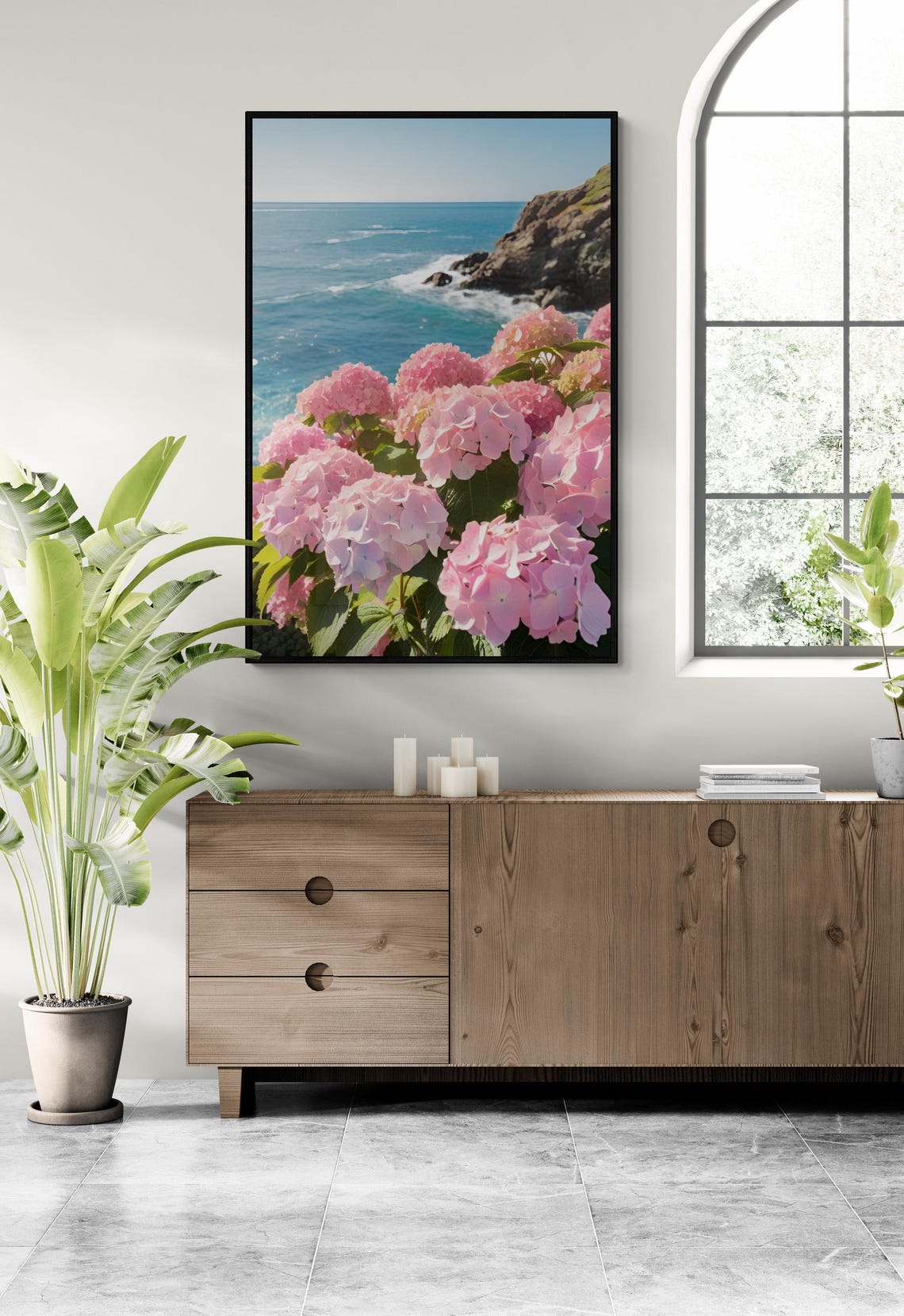 Pink Hydrangea Blooms Coastal Cliff Ocean View Seaside Travel Poster - Image 2