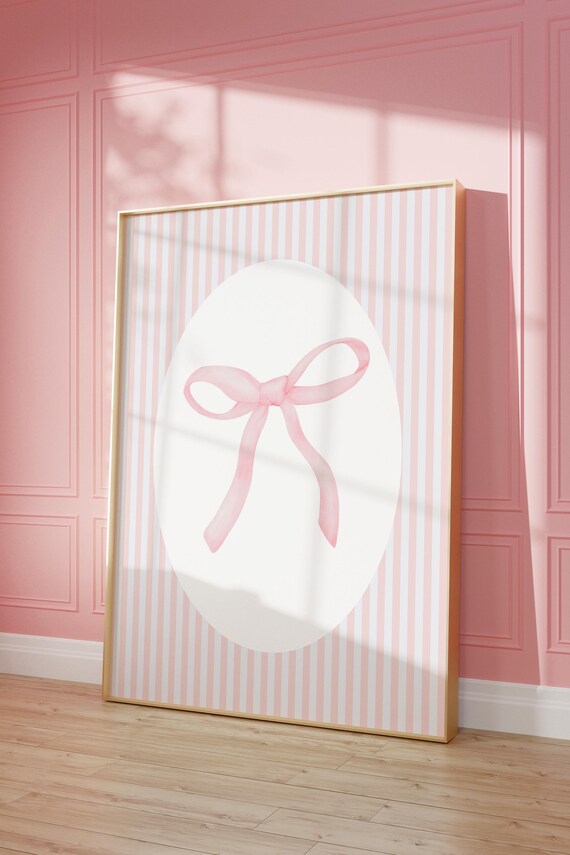 Pink Ribbon Bow Nursery Coquette Watercolor Wall Art For Baby