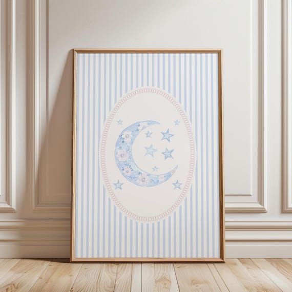 Physical Print Nursery Moon Art And Star Wall Decor Girl Blue Arte