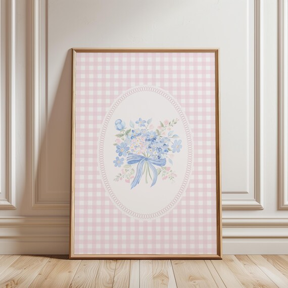 Blue Floral Bouquet With Bow Watercolor Nursery Print Pink Gingham