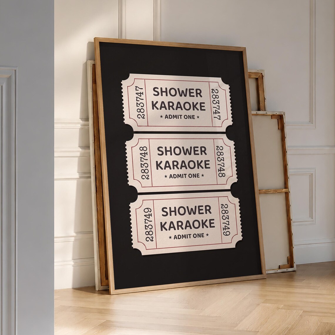Shower Karaoke Tickets Cream Admit One Black Background Wall Art