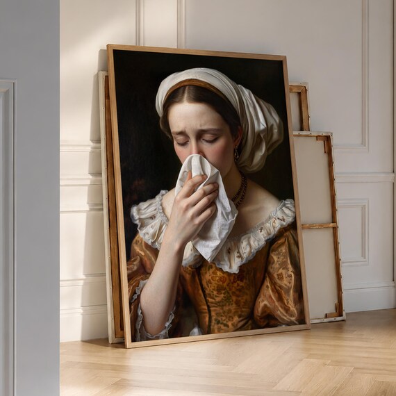 Funny Classical Lady Blowing Nose Vintage Bathroom Humor Poster