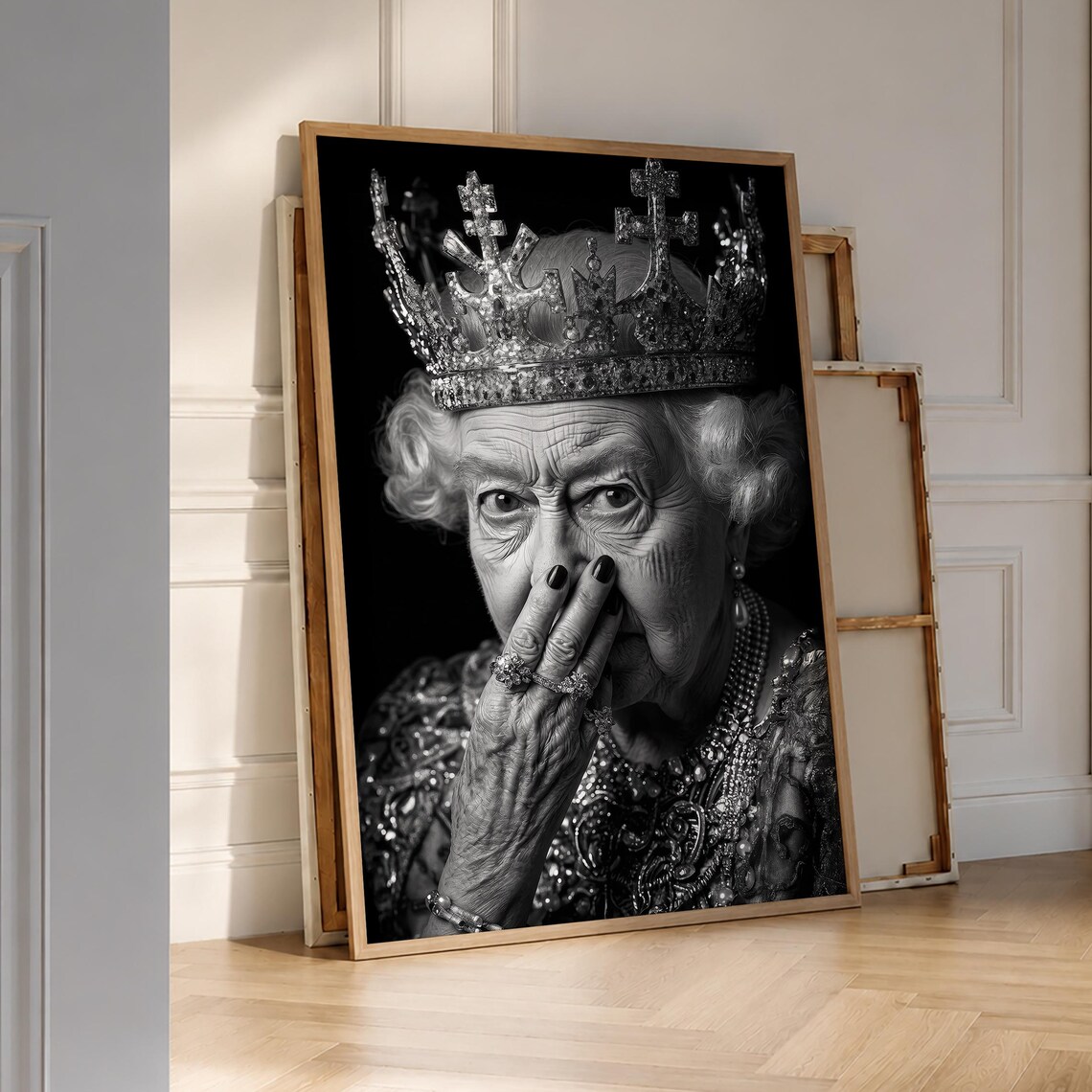 Queen Elizabeth II Funny Bathroom Royal Portrait Black White Photo Poster