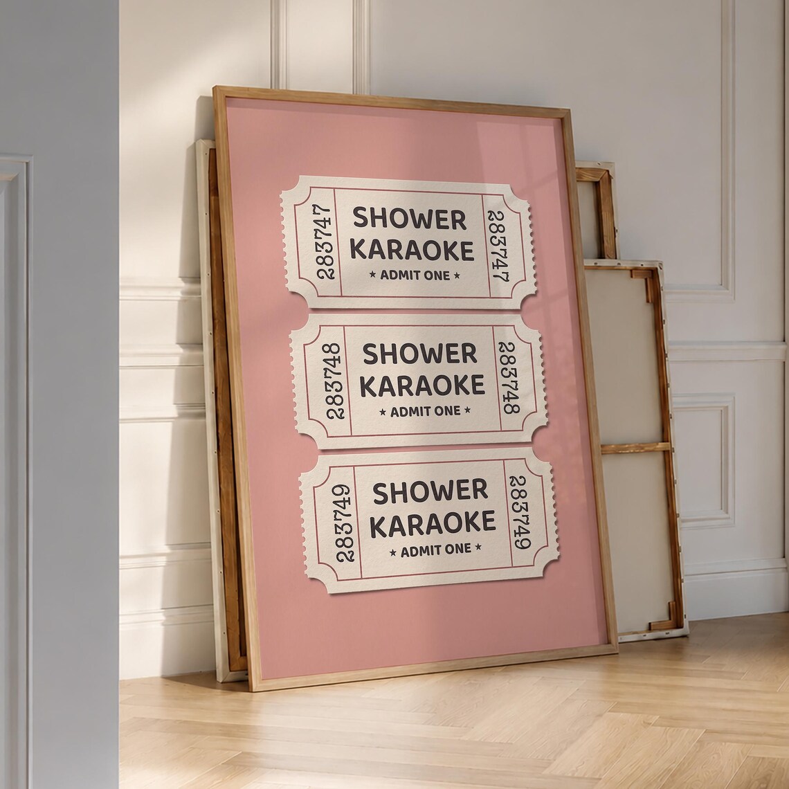 Shower Karaoke Tickets Pink Background Funny Bathroom Poster Decor