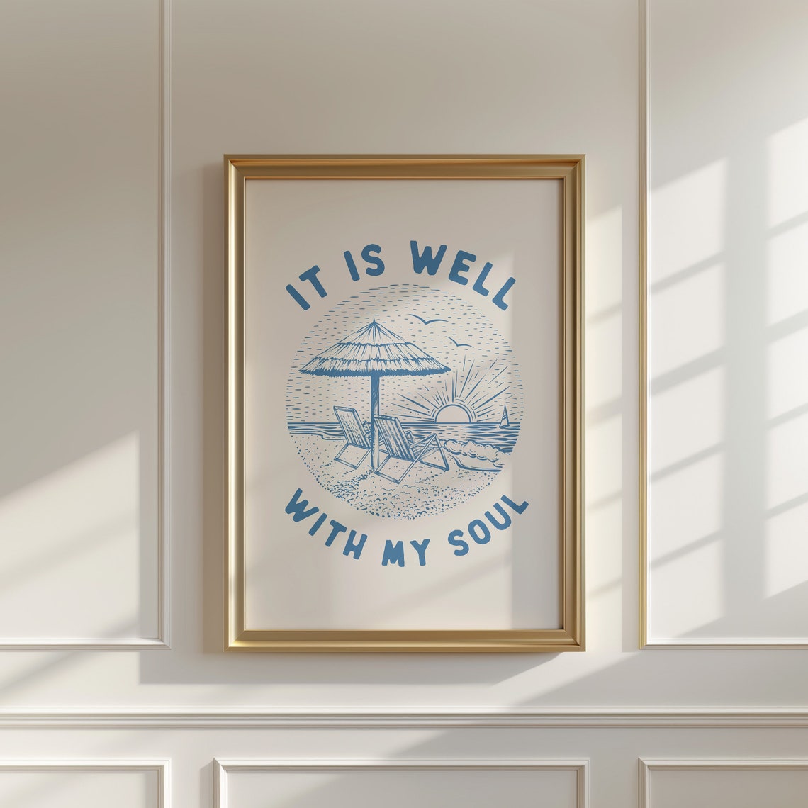 It Is Well With My Soul Beach Sunset Blue Vintage Line Poster