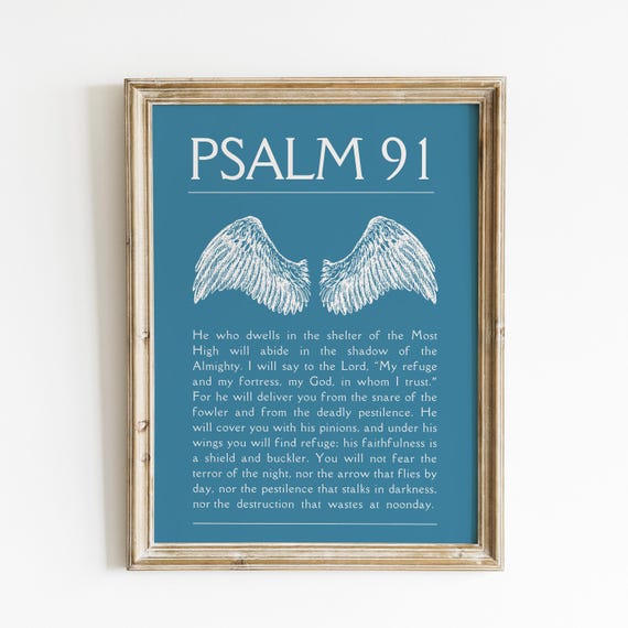 Psalm 91 Angel Wings Bible Verse Wall Art Christian Wall Art Trendy Apartment Decor For Church Office For Nursery Wall Art Blue Decor