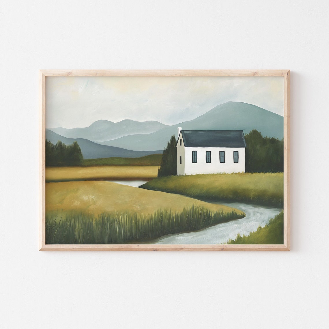 Vintage Farmhouse Landscape White Cottage River Mountains Art Print - Image 2