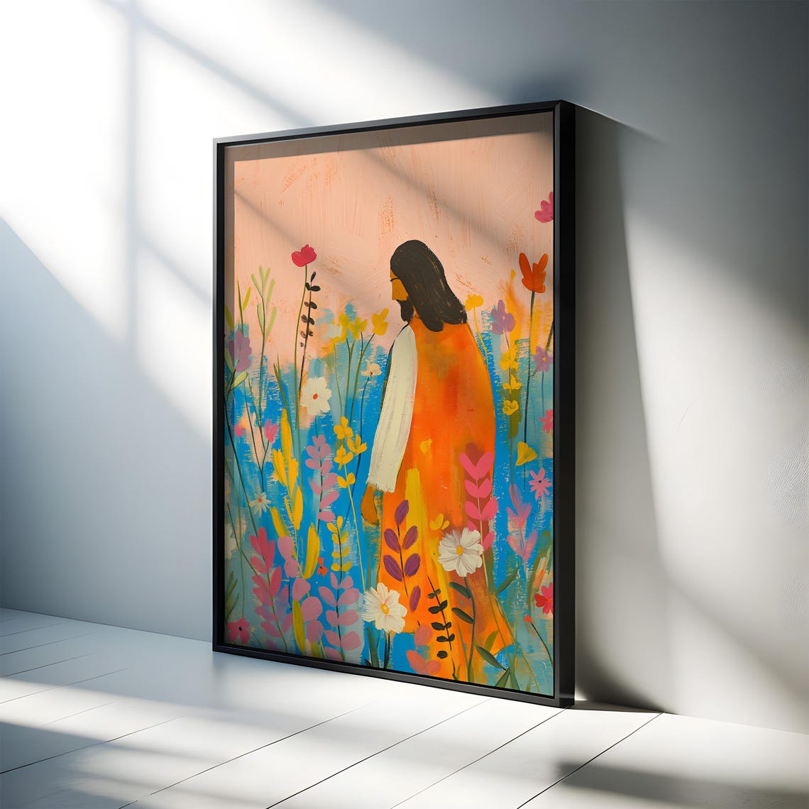 Jesus Walking Among Wildflowers Colorful Floral Painting Poster - Image 4