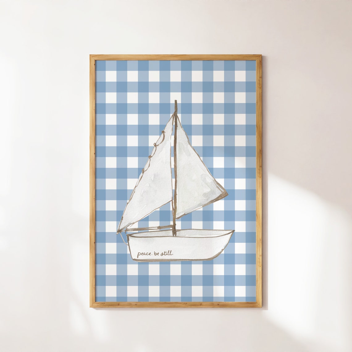Peace Be Still Sailboat on Blue Gingham Christian Watercolor Poster