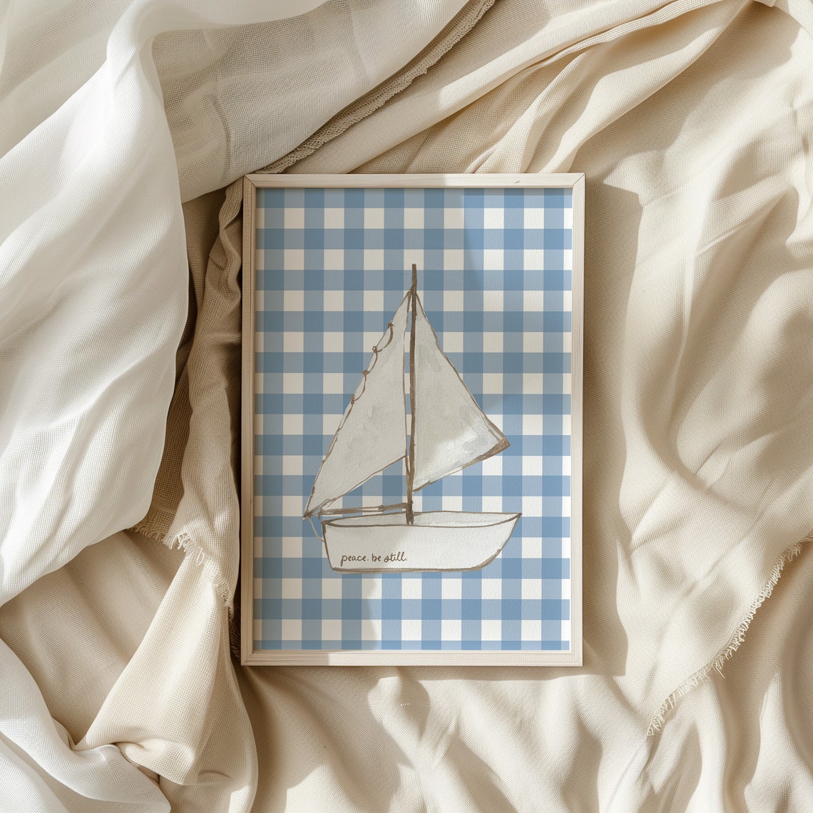 Peace Be Still Sailboat on Blue Gingham Christian Watercolor Poster - Image 4