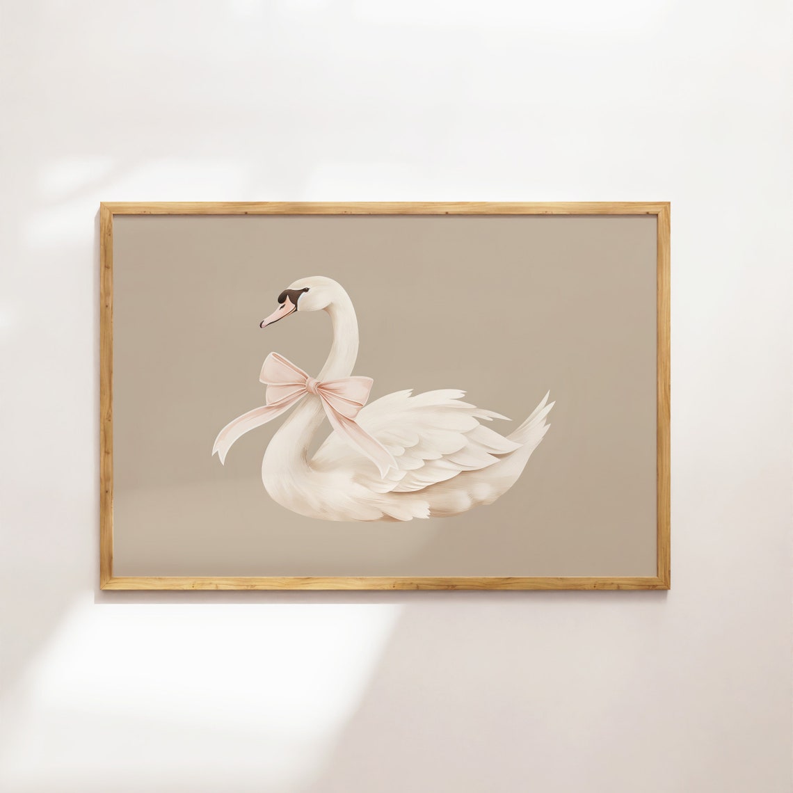 White Swan With Pink Bow Coquette Nursery Animal Print Beige