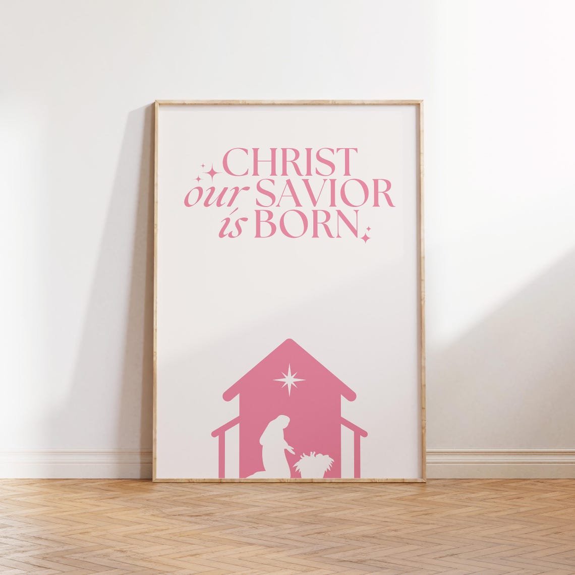 Christ Our Savior Is Born Pink Nativity Scene Christmas Poster - Image 2