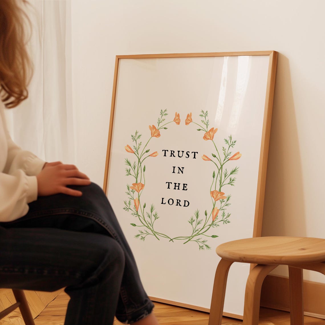 Trust In The Lord Orange Poppy Wreath Floral Bible Verse Art Poster - Image 3